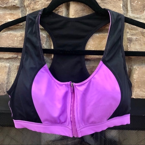 Marika fuchsia and black Razorback padded sports bra with front zipper. Medium - Picture 1 of 6